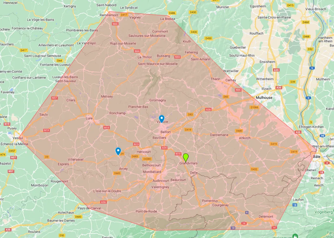 Carte du périmètre de livraison, de Vesoul à Bâle et de Remiremont à Delémont
